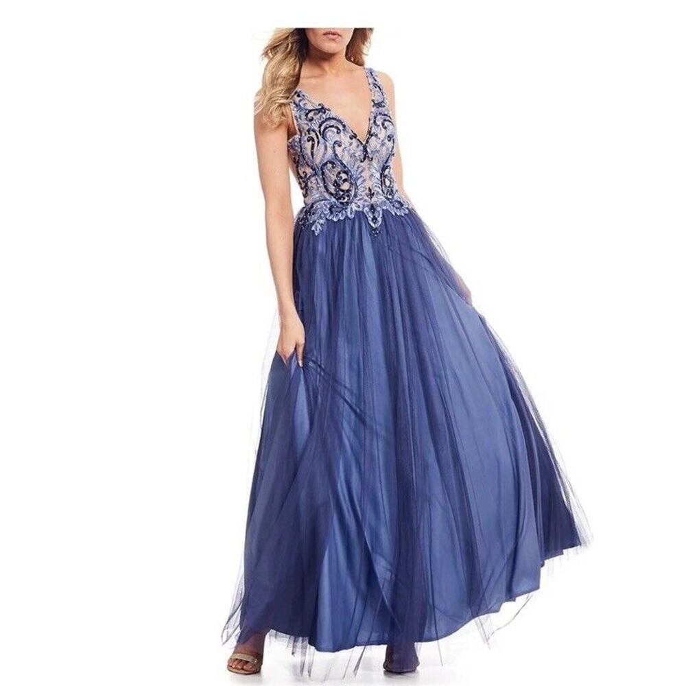 GM‎ Embroidered Floral Formal Blue Dress Tulle See Through Bodice Juniors Sz 1